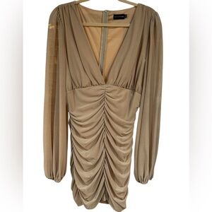 PrettyLittleThing Cream Wrap V-Neck Dress